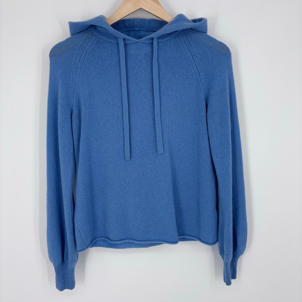 Vince 100% Cashmere Hoodie Sweater Womens XXS Blue Boxy Relaxed Cropped Fit